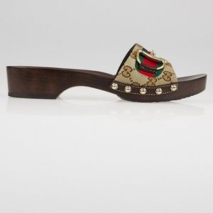 Authentic GUCCI Beige GG Signature Wood Clog Sandals